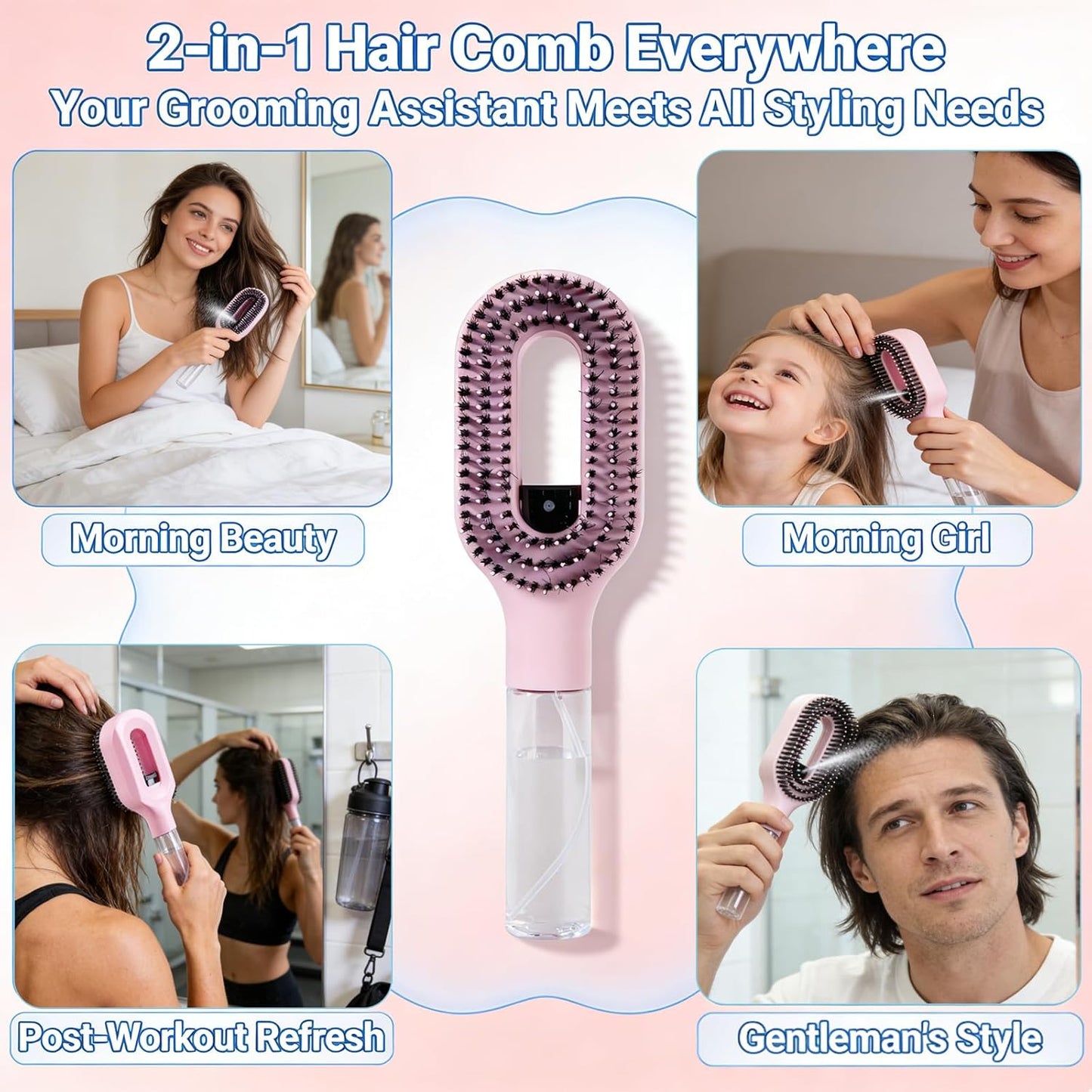 Hair Brush with Water Spray - 2-In-1 Detangling Brush with Built-In Mister Spray, 50Ml Portable Spray Hair Brush for Wet & Dry Frizz-Free Styling, Women Girls & Kids(2 Rose Pink)