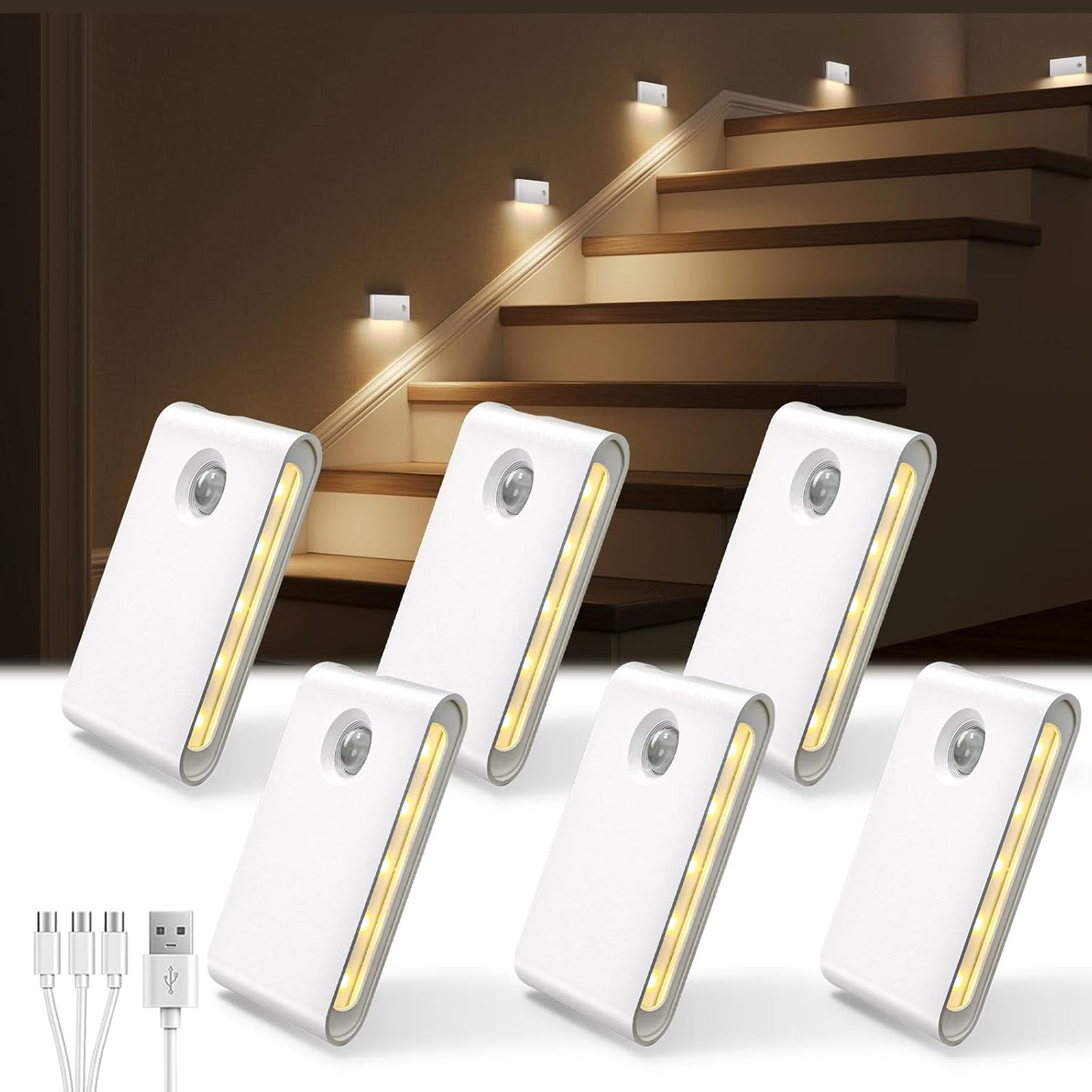 6 Pack Motion Sensor Night Lights, Sync LED Stair Lights Indoor, 1500Mah Rechargeable, Magnetic & Dimmable, 3000K Soft White, Portable Nightlight for Hallway, Stairs, Bathroom, Bedroom