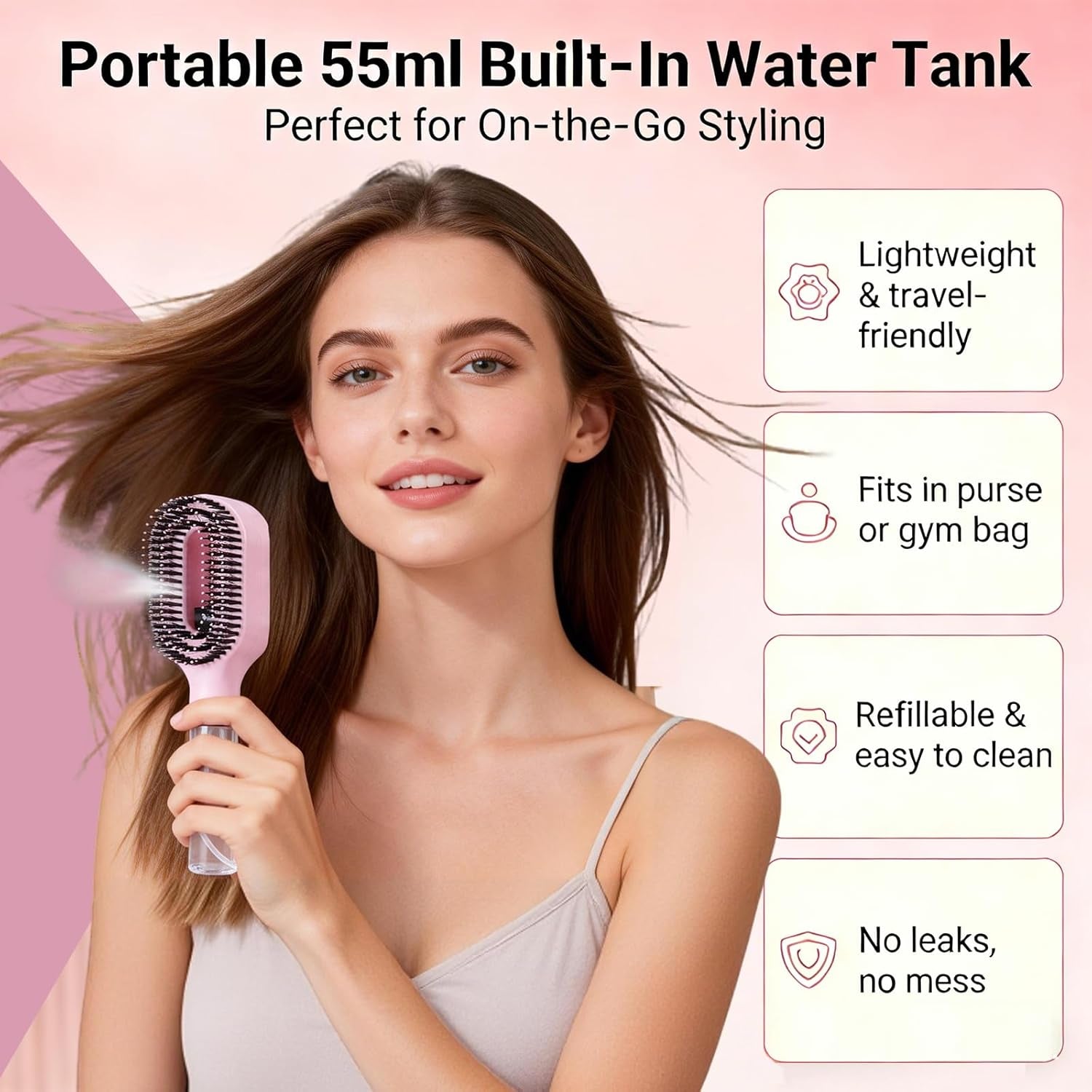 Hair Brush with Water Spray - 2-In-1 Detangling Brush with Built-In Mister Spray, 50Ml Portable Spray Hair Brush for Wet & Dry Frizz-Free Styling, Women Girls & Kids(2 Rose Pink)
