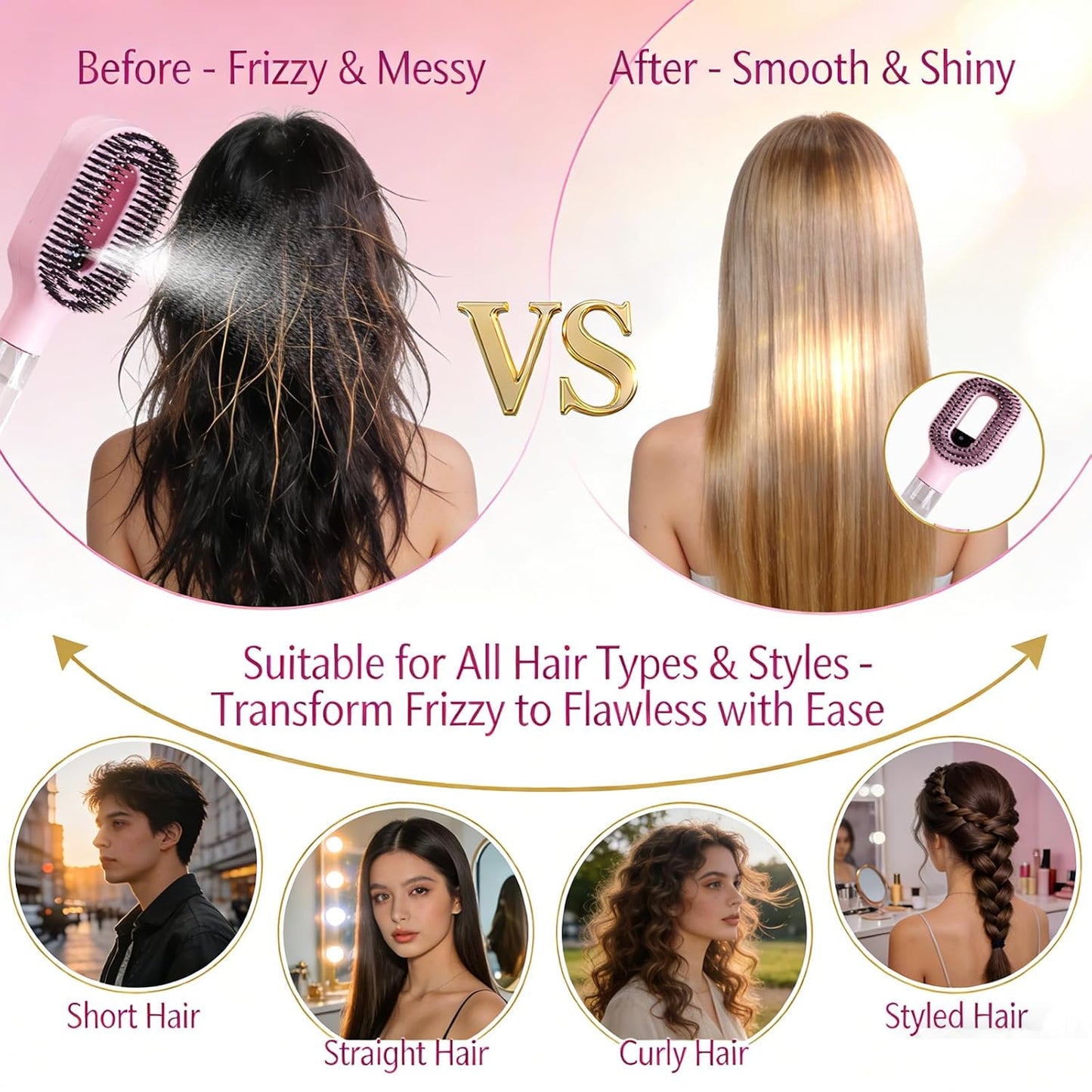 Hair Brush with Water Spray - 2-In-1 Detangling Brush with Built-In Mister Spray, 50Ml Portable Spray Hair Brush for Wet & Dry Frizz-Free Styling, Women Girls & Kids(2 Rose Pink)