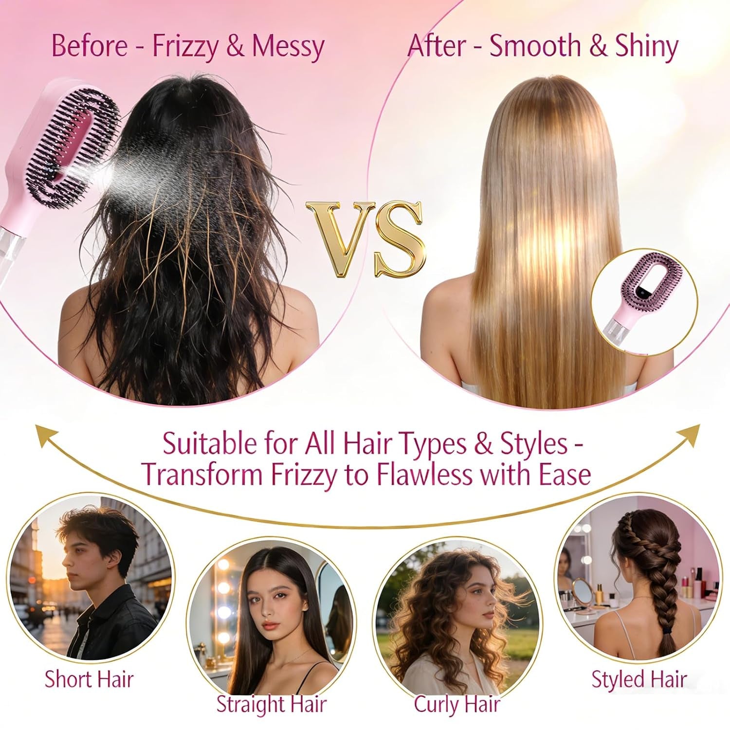 Hair Brush with Water Spray - 2-In-1 Detangling Brush with Built-In Mister Spray, 50Ml Portable Spray Hair Brush for Wet & Dry Frizz-Free Styling, Women Girls & Kids(2 Rose Pink)