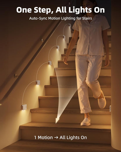 6 Pack Motion Sensor Night Lights, Sync LED Stair Lights Indoor, 1500Mah Rechargeable, Magnetic & Dimmable, 3000K Soft White, Portable Nightlight for Hallway, Stairs, Bathroom, Bedroom