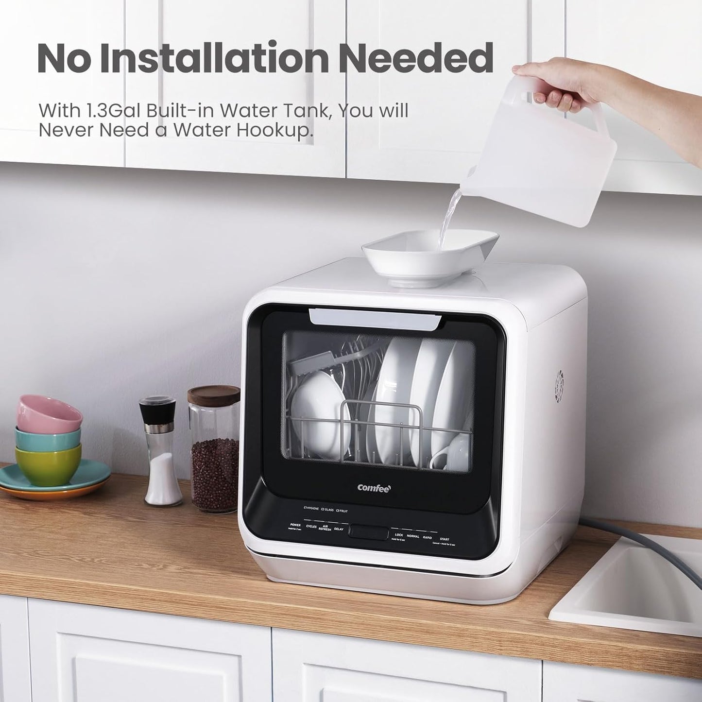 Portable Mini Dishwasher Countertop with 1.32Gal Built-In Water Tank for Apartments& Rvs, No Hookup Needed, 6 Programs, 360° Dual Spray, 162℉ High-Temp& Air-Dry Function