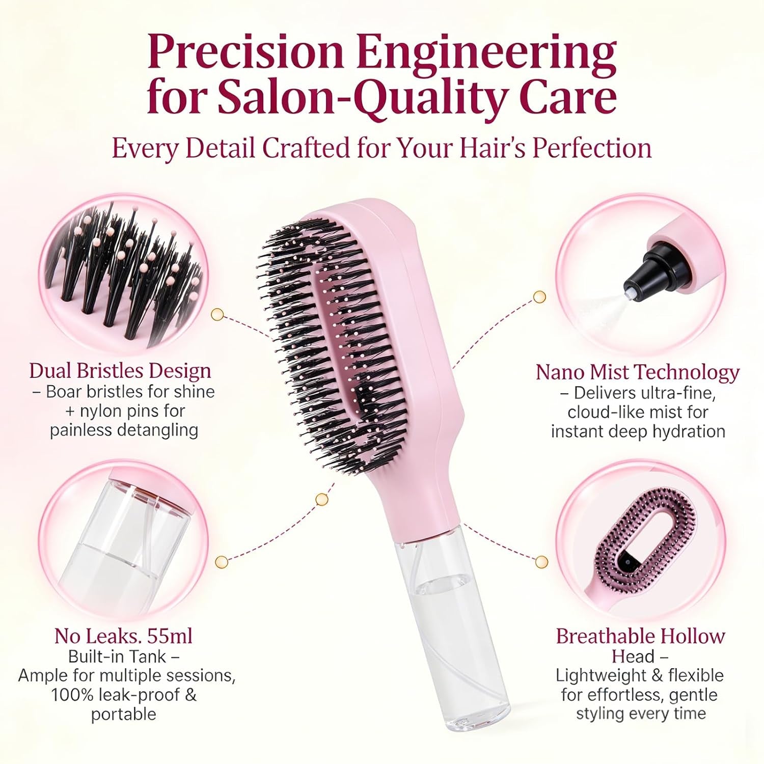 Hair Brush with Water Spray - 2-In-1 Detangling Brush with Built-In Mister Spray, 50Ml Portable Spray Hair Brush for Wet & Dry Frizz-Free Styling, Women Girls & Kids(2 Rose Pink)