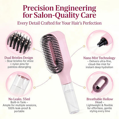 Hair Brush with Water Spray - 2-In-1 Detangling Brush with Built-In Mister Spray, 50Ml Portable Spray Hair Brush for Wet & Dry Frizz-Free Styling, Women Girls & Kids(2 Rose Pink)