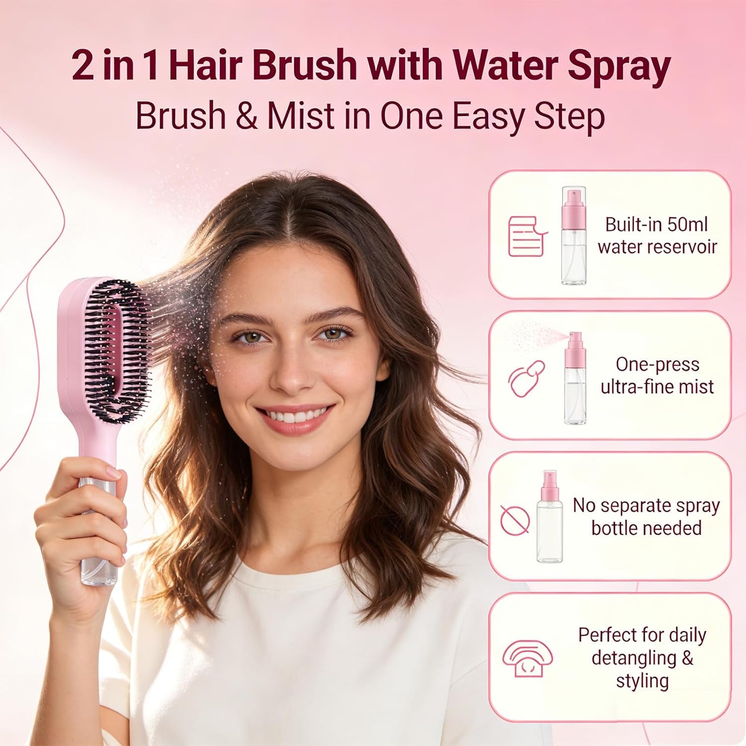 Hair Brush with Water Spray - 2-In-1 Detangling Brush with Built-In Mister Spray, 50Ml Portable Spray Hair Brush for Wet & Dry Frizz-Free Styling, Women Girls & Kids(2 Rose Pink)