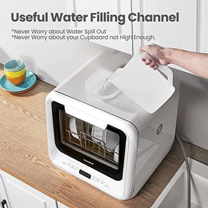 Portable Mini Dishwasher Countertop with 1.32Gal Built-In Water Tank for Apartments& Rvs, No Hookup Needed, 6 Programs, 360° Dual Spray, 162℉ High-Temp& Air-Dry Function