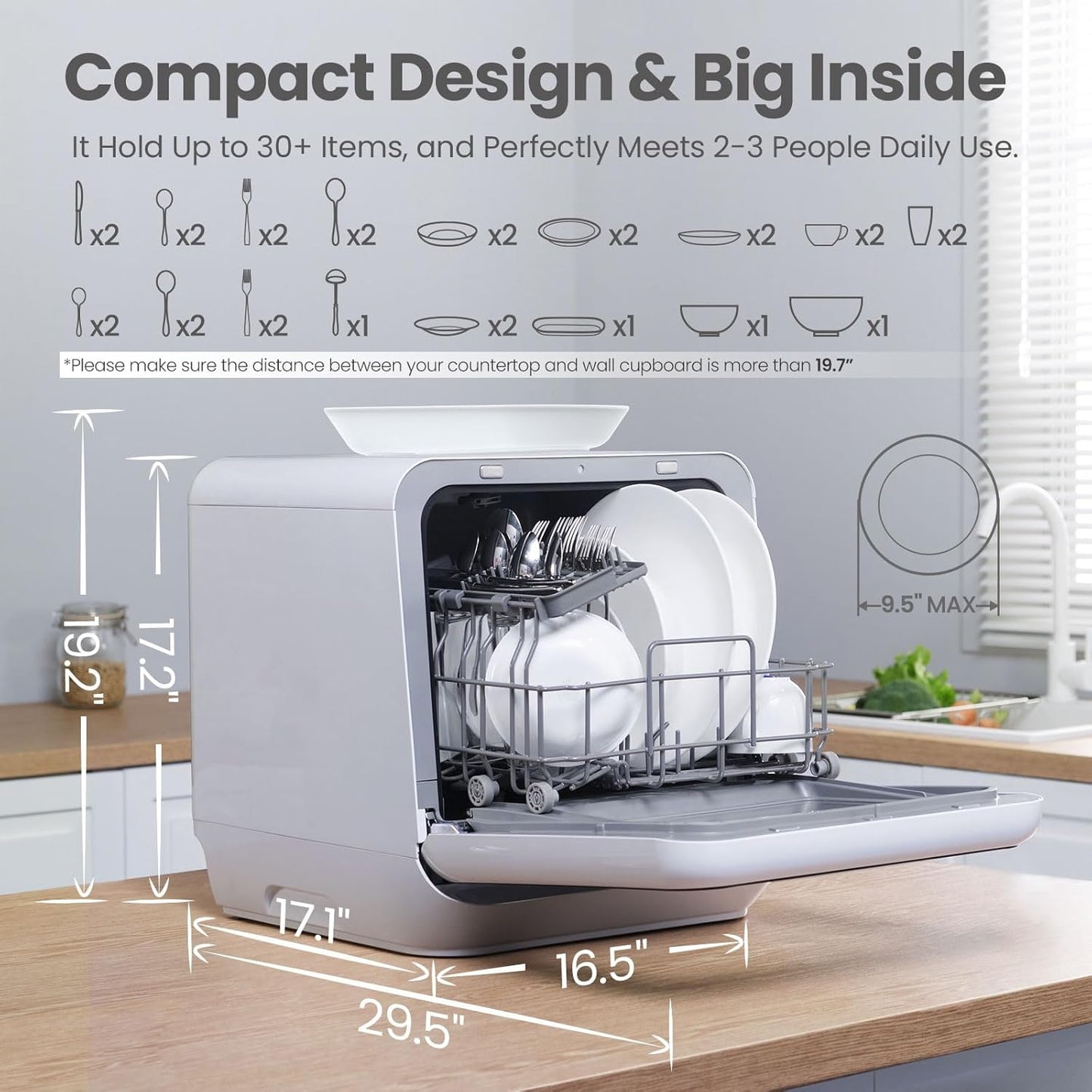 Portable Mini Dishwasher Countertop with 1.32Gal Built-In Water Tank for Apartments& Rvs, No Hookup Needed, 6 Programs, 360° Dual Spray, 162℉ High-Temp& Air-Dry Function